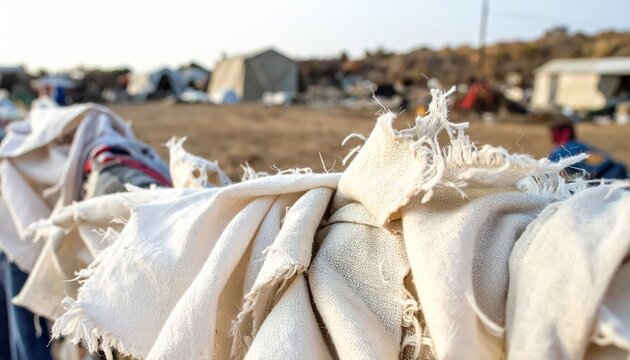 Tattered white fabric drying outdoors with blurry refugee camp tents in the background