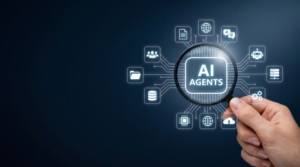 Fototapeta premium Ai agentic workflow business automation technology hand magnifier interface agentic. artificial intelligence technology innovation. automation system process analysis, agent assistant management