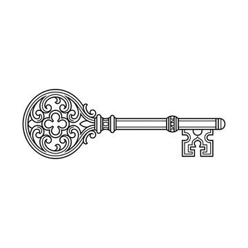 Vintage Ornate Skeleton Key Illustration - Decorative Antique Key Line Art Vector for Design Elements