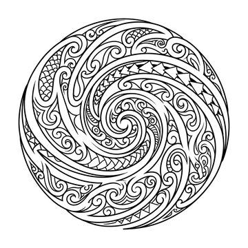 Traditional Polynesian Style Circular Tribal Tattoo Design with Maori Koru and Wave Patterns on White