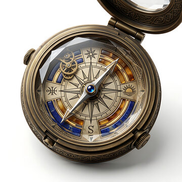 Ornate Vintage Brass Compass with Intricate Clockwork Gears and Crystal Face Isolated on White