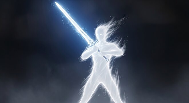 Ethereal spirit warrior with glowing white energy sword.