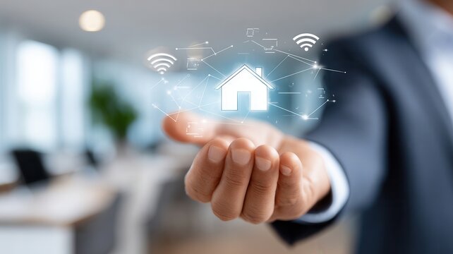 Hand showing a smart home icon with wireless signal representing automation concepts iot and connectivity