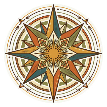 Vintage Nautical Compass Rose Illustration with Retro Earth Tone Colors and Geometric Star Design