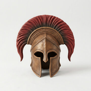 Ancient Spartan Bronze Helmet with Red Crest Plume Isolated on White Background for Warrior Concept