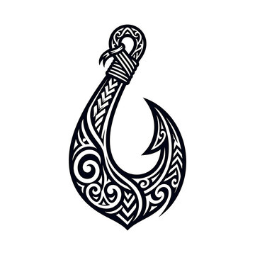 Maori Style Fish Hook Hei Matau Tribal Tattoo Illustration with Traditional Polynesian Patterns