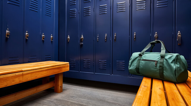 Blue locker room with wooden benches and green duffel bag on bench