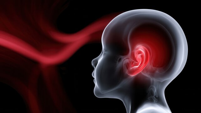 Baby experiencing ear pain hearing problem or otitis media with discomfort red waves indicating