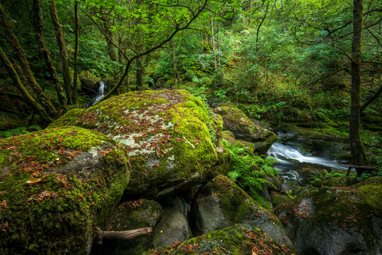 Idyllic waterfalls on the River Edo in Castro Caldelas, Ourense, Galicia, Spain