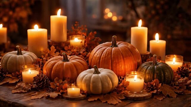 Glowing autumn pumpkins with candles creating cozy Halloween harvest display at twilight ambiance