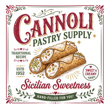 Artisanal Italian Cannoli Pastry Dessert Label Featuring Classic Sicilian Sweetness Traditional Recipe Graphic Design Culinary Illustration