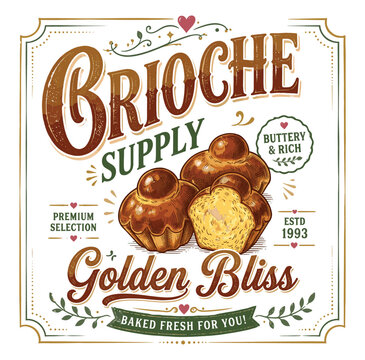 Vintage Style Bakery Sign Featuring Artisanal Golden Brioche Buns With Ornate Decorative Flourishes And Elegant Typography For Culinary Branding