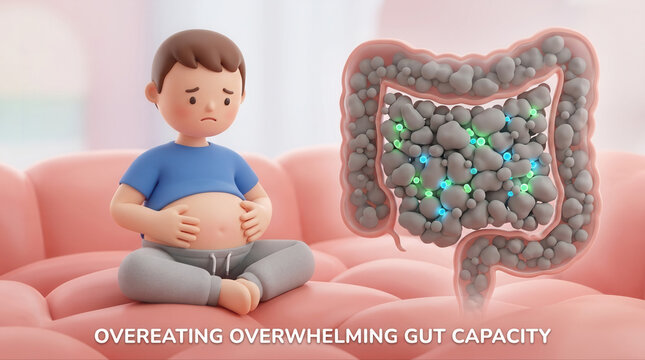 Illustration depicting a worried child experiencing gut issues due to an imbalance of bacteria from excessive eating