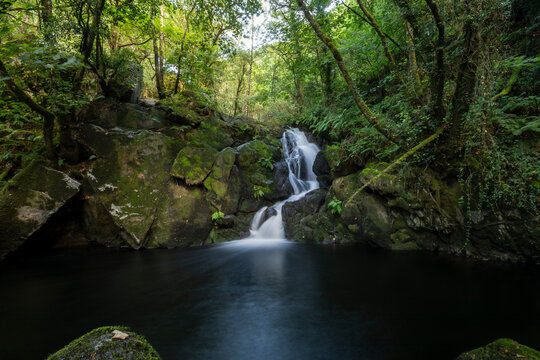 Idyllic waterfalls on the River Edo in Castro Caldelas, Ourense, Galicia, Spain