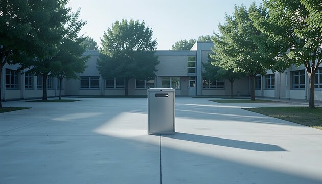 Modern silver trash bin standing in the middle of a clean concrete courtyard of a school building for public facility and urban design concepts
