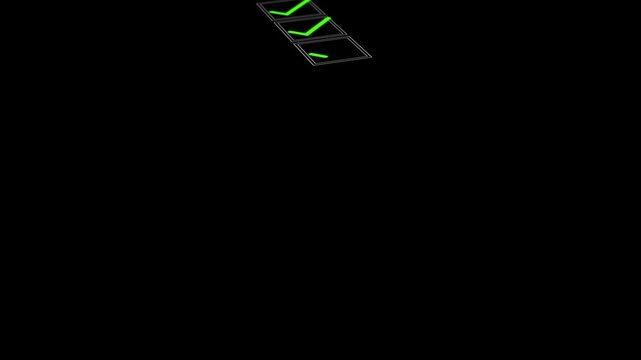 Glowing green check marks appear inside perspective boxes over a black background, modern checklist animation. approval systems, task completion , business presentations, workflow control productivity