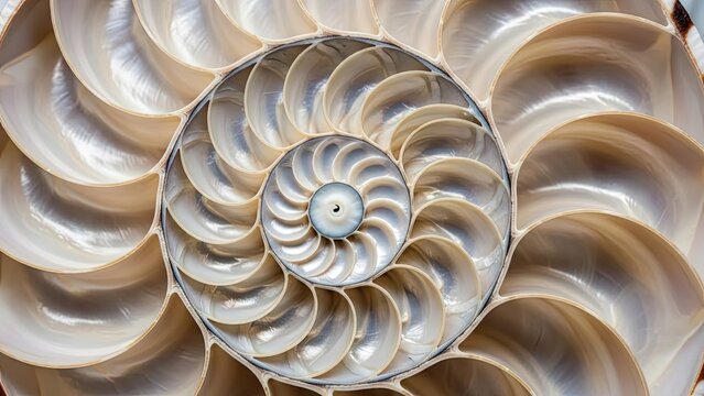 Macro cross-section of pearly nautilus shell showing spiral.