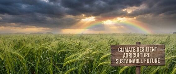 Obraz premium Climate resilient agriculture field with rainbow with agriculture sustainable future sign reading climate green field wooden environment optimism weather ecology message with stormy