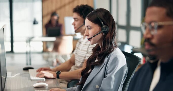 Call center, computer and woman at help desk for technical support, network feedback or typing. Headset, tech or happy consultant talk to client for internet connection, customer service or coworking