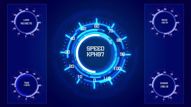 Futuristic vehicle gauge interface bright blue speed dial, side meters, numeric marks, racing dashboard style. for car promos, speed analysis, driving simulations, gaming screens, tech displays,