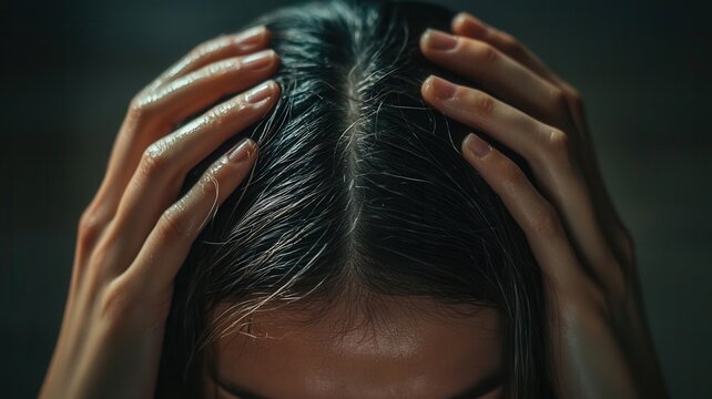 Woman's hands touching her hair and scalp revealing gray roots highlighting natural aging concern and hair care