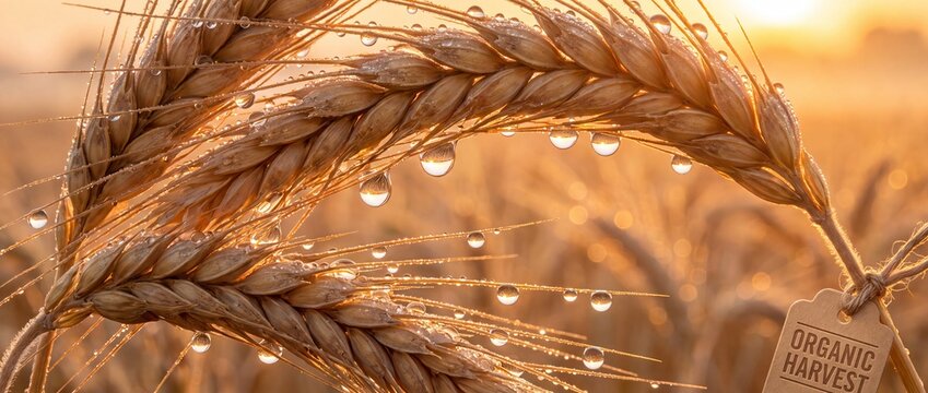 Golden wheat ears with dew drops and organic harvest tag at sunset with close golden close up agriculture environment sustainable landscape seasonal farming nature with cereal