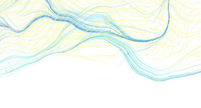 Digital art abstract background with flowing yellow and blue lines representing movement and data