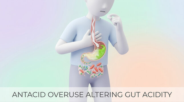 Illustration of antacid use impacting gut acidity and microbiome health with microorganisms and bacteria visualization
