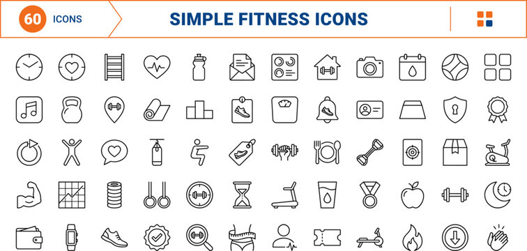Workout reminder app line icon set. Vector pictograms of fitness, exercise, gym, and schedule elements, thin linear illustration.