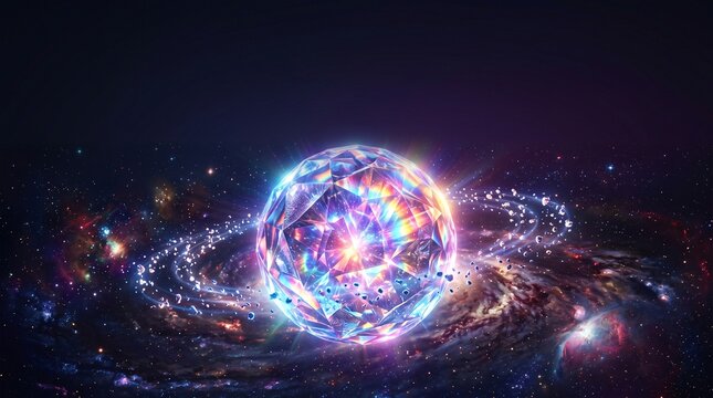 A magnificent glowing diamond sphere planet rotating in the center of a swirling colorful galaxy, surrounded by orbiting asteroid rings and brilliant light refractions in deep dark space.