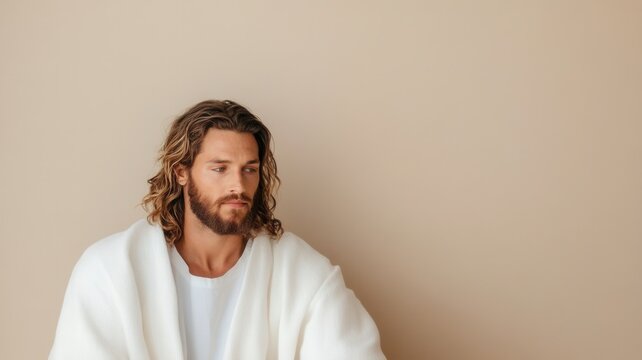 Young bearded man portrait wearing white bathrobe expressing self care masculinity wellness and confident