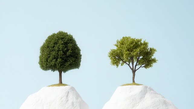 Two distinct trees with different foliage standing on a shared root system contrast illustrating balance