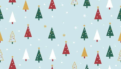 Obraz premium Cute seamless pattern of green, red, and golden Christmas trees with falling snowflakes on light blue.
