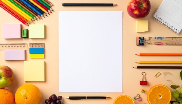 Workspace with stationery and fruits.
