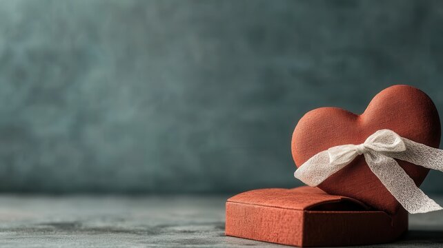 Heart gift box with white ribbon opening on rustic wood table finding dried flowers surprise for a romantic