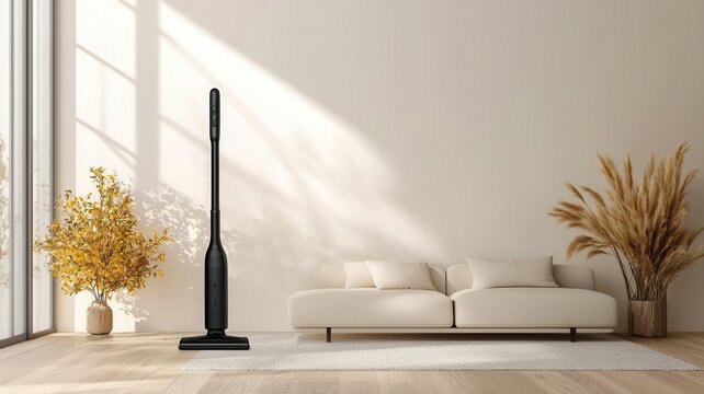 Vacuum cleaner head on wooden floor cleaning living room area highlighting home tidiness hygiene and routine