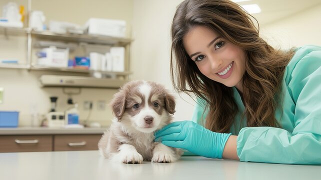 Veterinarian examining golden retriever puppy during a health check up ensuring care pet wellness