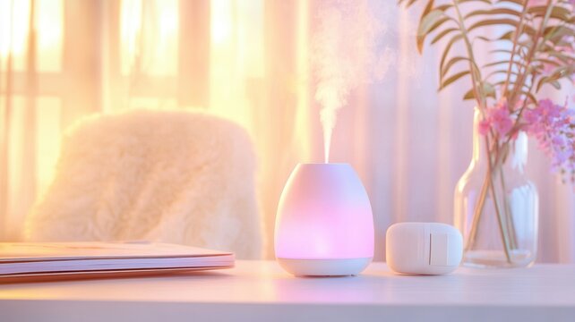 Aroma diffuser emitting vapor on table creating relaxing spa atmosphere with soft flowers light and orchid