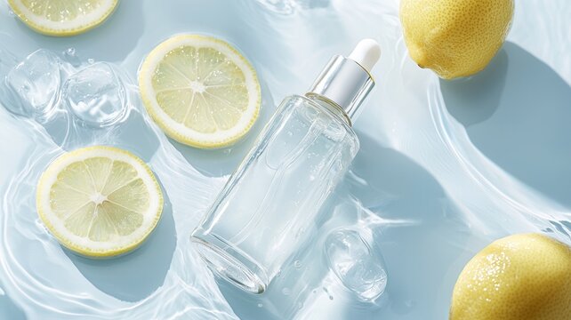 Clear bottle with natural lemon extract for skincare balancing beauty composition and organic freshness