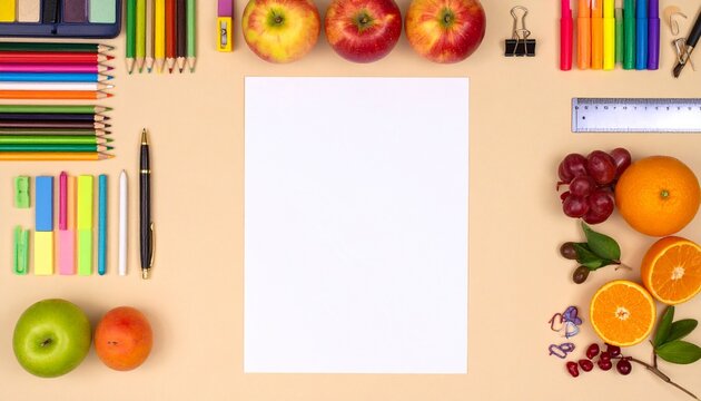 Workspace with stationery and fruits.