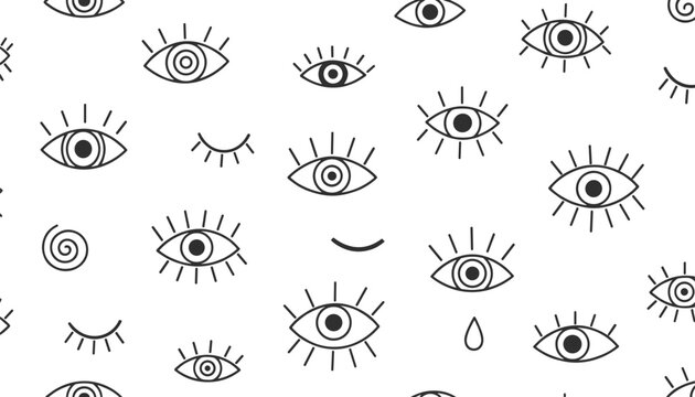 Whimsical black and white seamless pattern featuring hand-drawn doodle eyes in various open, winking and closed styles.