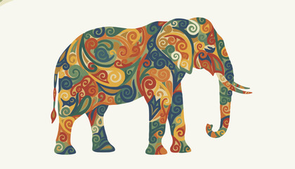 Obraz premium Ornate silhouette of a majestic elephant filled with intricate colorful ornamental swirls on a light cream background.