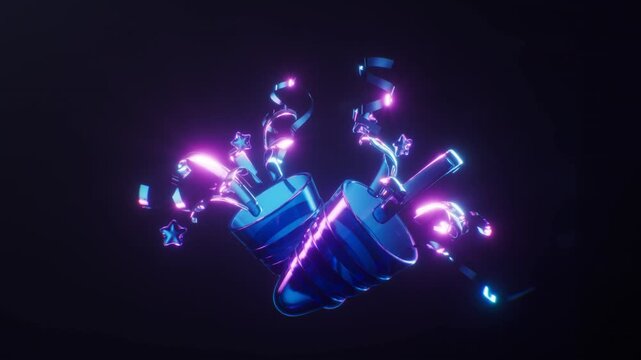 Celebratory fireworks with dark neon light effect, 3d rendering.