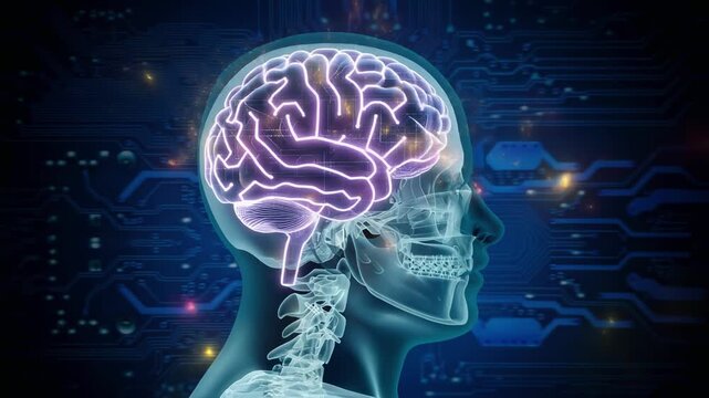 Digital Brain Glowing Inside Transparent Human Head, X-Ray Profile Animation (Variant 2)