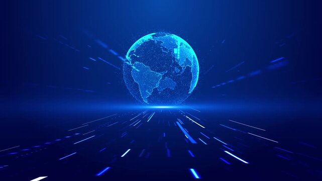 Blue Earth data highway visual globe, fast perspective lines, particle trails, digital road depth. internet speed clips, worldwide systems, cyber communication, 19 promos, futuristic motion
