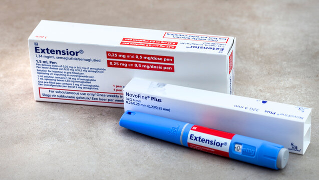 Johannesburg, South Africa - July 2026: Novo Nordisk Extensior semaglutide injection pen with NovoFine Plus needles and packaging.