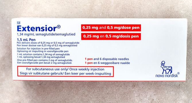 Johannesburg, South Africa - July 2026: Novo Nordisk Extensior semaglutide injection pen packaging displayed on neutral background.