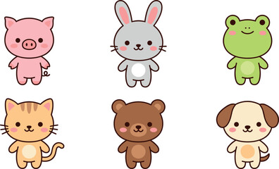 Fototapeta premium Cute Kawaii Standing Baby Animal Cartoon Character Vector Clipart Set with Pink Pig, Grey Rabbit, Green Frog, Ginger Cat, Brown Bear, and Cream Puppy Dog