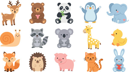 Fototapeta premium Cute Baby Animals Flat Vector Cartoon Clipart Set with Deer, Bear, Panda, Penguin, Elephant, Snail, Raccoon, Koala, Giraffe, Duckling, Fox, Hedgehog, Pig, Cat, and Rabbit