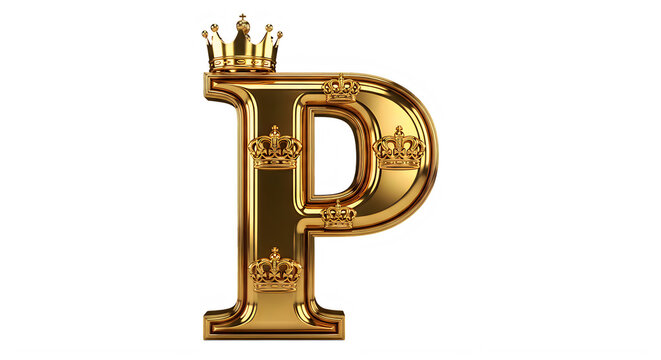 Elegant gold letter P with crown decorative design isolated image transparent background